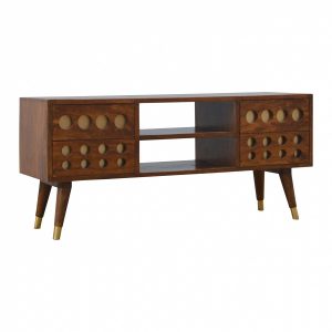 Mango Hill 4 Drawer Media Unit with Brass Hole Inlay and 2 Open Slots