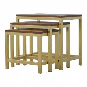 Mango Hill Golden Stool Set of 3 With Chunky Wooden Top