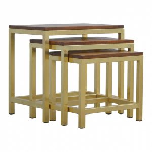 Mango Hill Golden Stool Set of 3 With Chunky Wooden Top