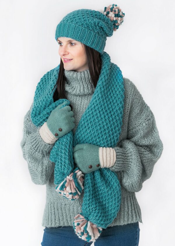 Ellen Teal Knitted Pom Pom Scarf